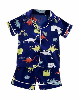 Blue satin pajamas with dinosaur motifs