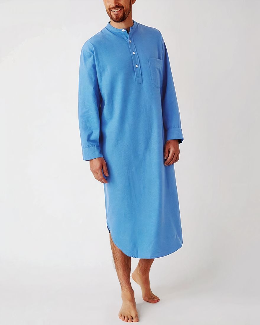 Man wearing summer pajamas a blue nightgown for men, it is presented on a white background