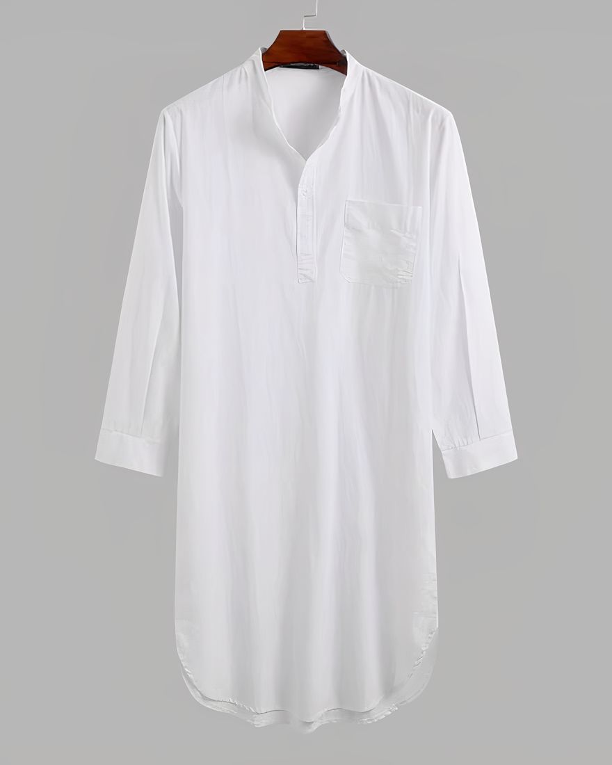 summer pajamas for men long sleeve nightgown, white, hanging on a hanger and presented on a gray background