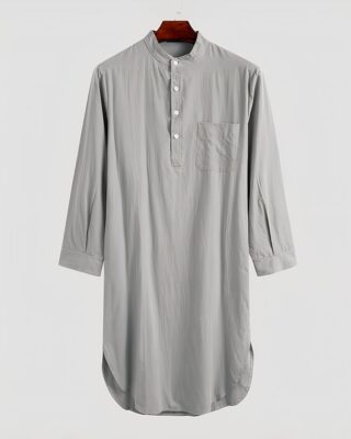 summer pajamas for men long sleeve nightgown, gray, hanging on a hanger and presented on a gray background